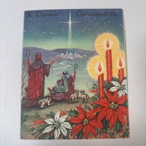 Vintage HS Christmas greeting Card Shepherds Star Candles Poinsettia Religious